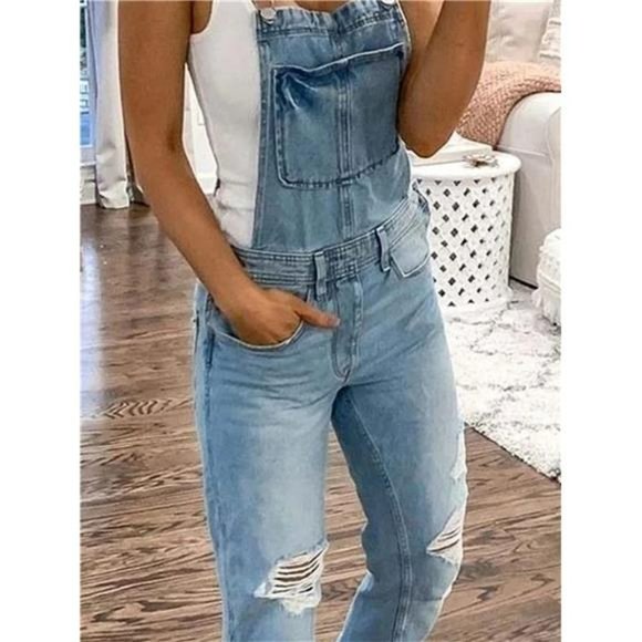 Women's Ripped Denim Overalls Jean Rompers - Picture 4 of 5
